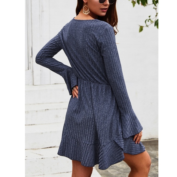 Rib Knit V Neck Navy Short Dress Long Sleeve - Picture 4 of 8
